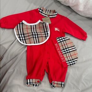 Burberry onesie, hat, and bib